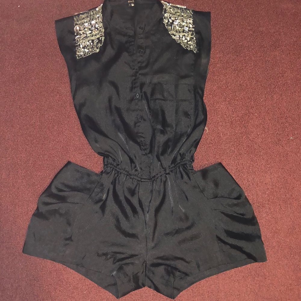 Jeweled romper with slouch pockets